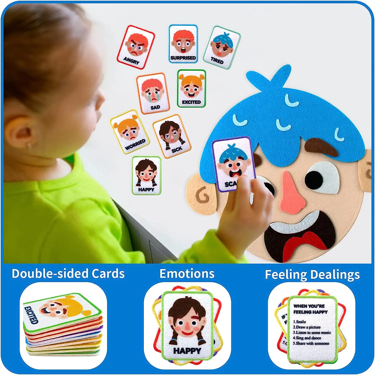 Enfant jouant avec un jeu Montessori émotions mural en feutrine – apprentissage des visages et émotions en anglais