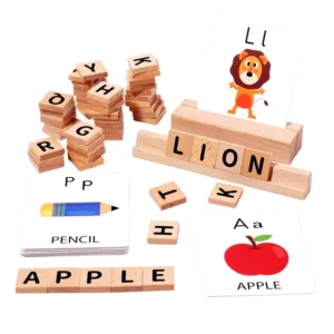 alphabet Montessori en bois avec lettres et cartes illustrées pour apprendre les mots