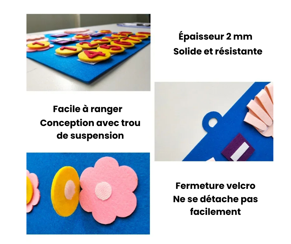 Détails du tableau de calcul Montessori en feutrine bleue avec chiffres en relief, trou de suspension et fermeture velcro solide