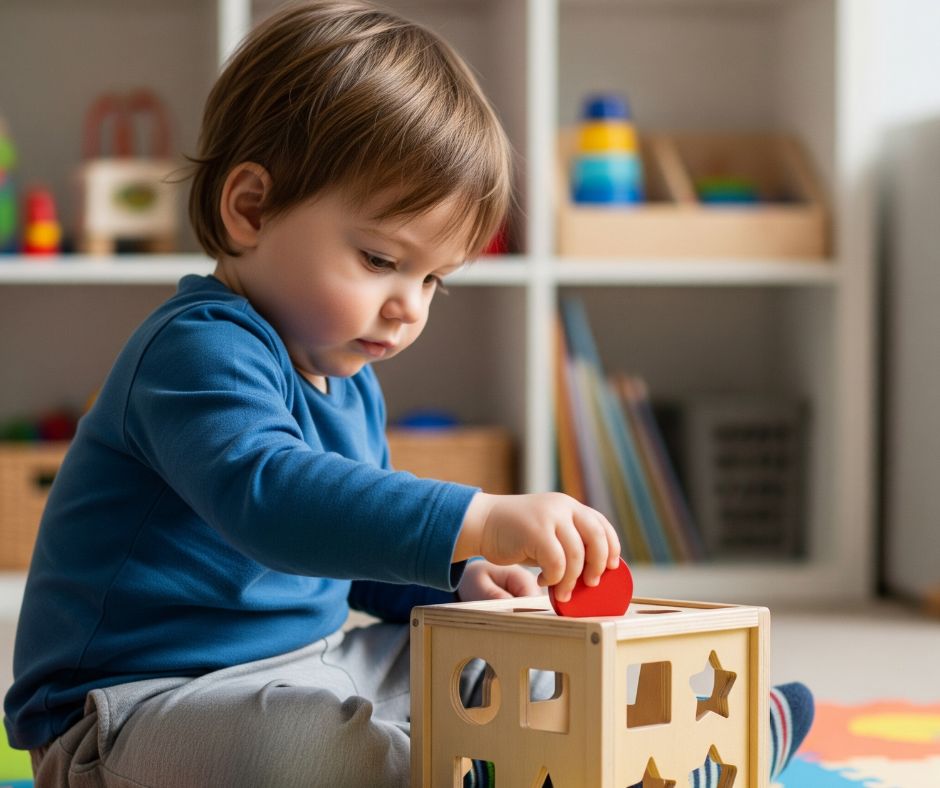 Enfant de 2 ans jouant avec un jeu Montessori d’encastrement en bois, développant sa logique et sa motricité fine.